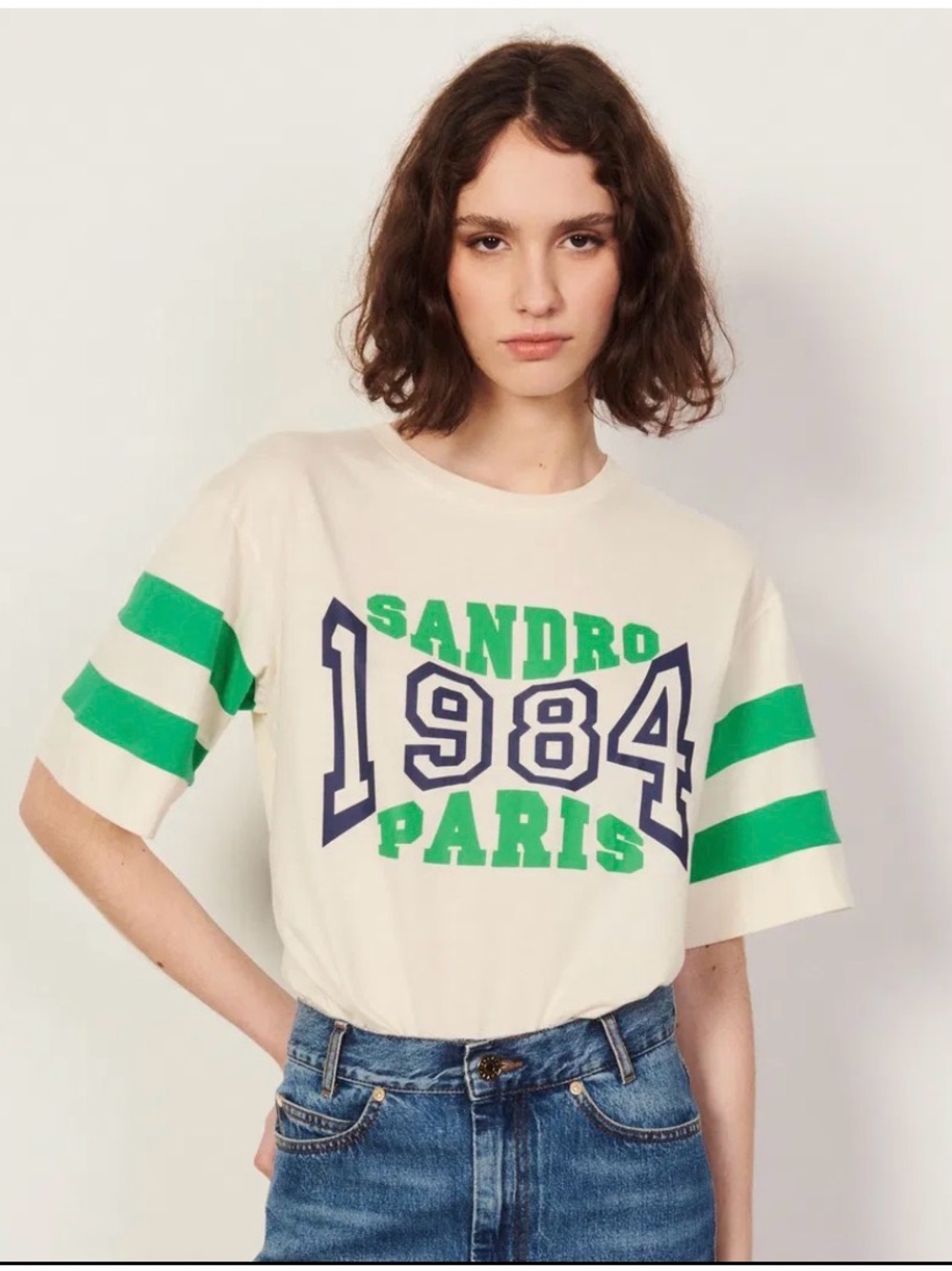 Sandro Cream Short Sleeve Tee with Green & Blue 1984 Graphic - Picture 2 of 15